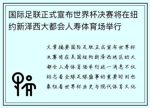国际足联正式宣布世界杯决赛将在纽约新泽西大都会人寿体育场举行 国际足联正式宣布世界杯决赛将在纽约新泽西大都会人寿体育场举行